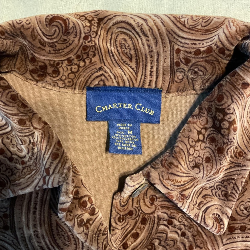Charter Club Shirt Womens Medium Brown Paisley Velour Button Front Long Sleeve - Picture 2 of 8